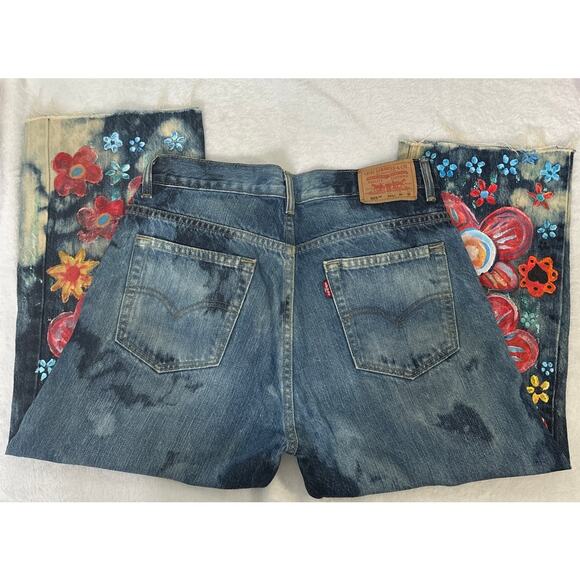 Levi's 501 Straight Cropped Cutoff Hand Painted Denim Jeans W30 - Picture 5 of 6